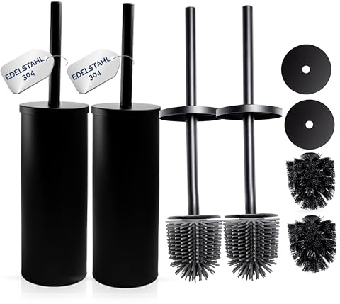 DITI Rostfritt stål silikon toalettborste 2-pack, rostfri – svart toalettborste – toalettborste med hållare, 2 borsthuvuden, stänkskydd – antibakteriell, hygienisk toalettborste med långt handtag