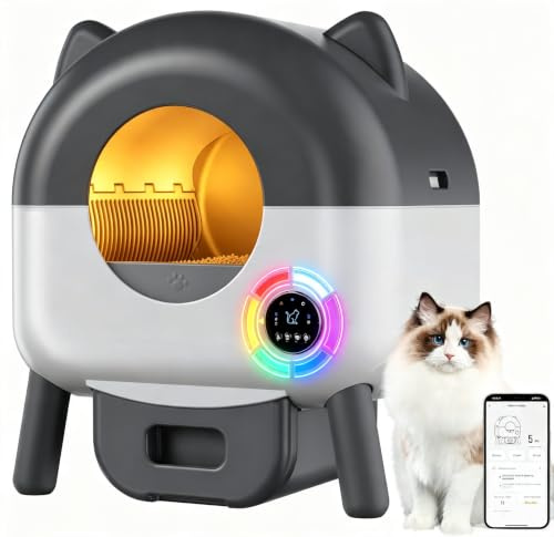 Lettiera per gatti autopulente, 66 L, con sensori di sicurezza, 6 luci ambientali, controllo tramite applicazione, protezione anti-pizzico, vassoio per lettiera per gatti sicuro e automatico