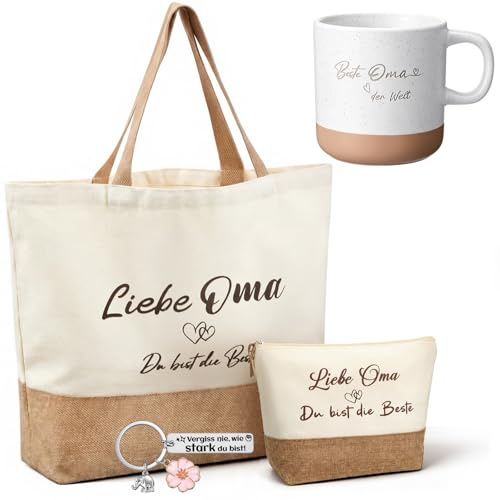 Xuniea 4 Pièces Coffret Cadeau pour Grand-Mère Comprenant Sac Fourre-Tout, Trousse de Toilette, Tasse en Céramique de 400 ML et Porte-Clés, Idée pour l'anniversaire