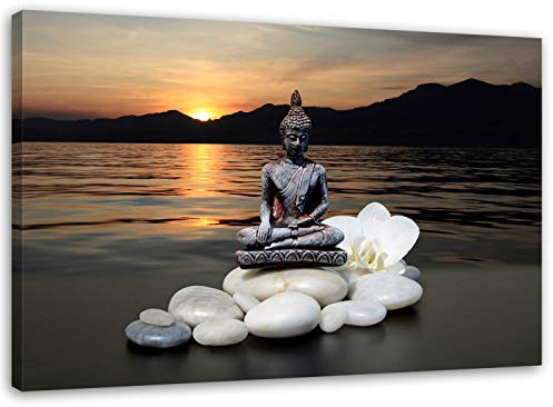 Feeby Bilder Buddha Steine Blume Orchidee See 50x40 cm 1 Teilig Wohnzimmer Schlafzimmer Büro Flur Küche Wandbilder Modern Bild auf Leinwand Kunstdruck Design Sonnenuntergang Wasser Berge Grau Weiß