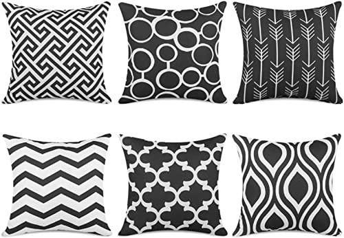 TIDWIACE 6er Set Dekorative Kissenbezüge Schwarz Leinen Kissenbezug 45x45 cm - Geometrischen Mustern Kissenhüllen für den Außenbereich Terrasse Garten Bank Wohnzimmer Sofa Zierkissenbezüge