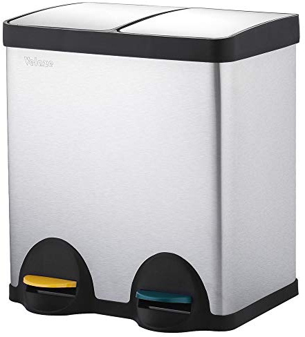 Velaze Mülleimer Küche, 2 x 20 L, Mülltrennsystem mit 2 Fächern, bruchsichere Treteimer mit geruchsdichtem Softclose-Deckel, Abfalleimer mit 2 Inneneimern, 51 x 45,5 x 31 cm, Silber