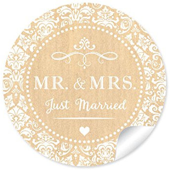 72 Sticker MR. & MRS - Just Married Retro Hochzeitsaufkleber (A4 Bogen) in Natur/Weiß im Vintage Style zur Hochzeit Papieraufkleber/Aufkleber/Etiketten (Format 4 cm, rund, matt)