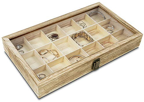 MOOCA Espositore per gioielli in legno con coperchio in vetro temperato e vassoio a 18 scomparti, scatola da collezione Rock, vetrina in cristallo, colore rovere