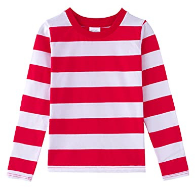 Spring&Gege Ragazzi Maglietta in Cotone a Maniche Lunga a Righe con Scollo Rotondo per Bambini, Rosso Bianco, 11-12 Anni