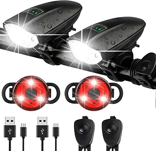 2 Pack Bike Lights Set with Horn 1400LM USB Rechargeable Bicycle Headlight & Tail Light & Horn Waterproof 3 Lighting Modes Fits Various Bicycles for Road and Mountain（Black+Black）