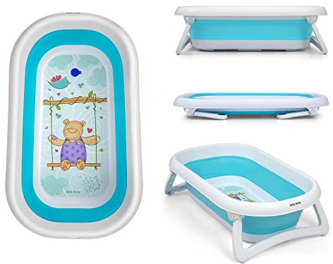 Milly Mally Aqua Baignoire Pliable pour Bébé Bassin de Douche Portable avec Détection de Température et Pieds Antidérapants Bleu