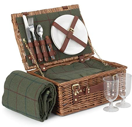 Red Hamper Klassischer Picknickkorb für 2 Personen, Tweed, Grün
