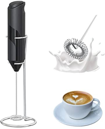 IraXpro Mousseur à Lait Électrique,Mousseur Lait avec Support en Acier Inoxydable,Mini Fouet avec Moteur 14000 RPM,Alimenté 2-AA Piles,Pour Latte,Cappuccino,Chocolat Chaud (Noir+Support)