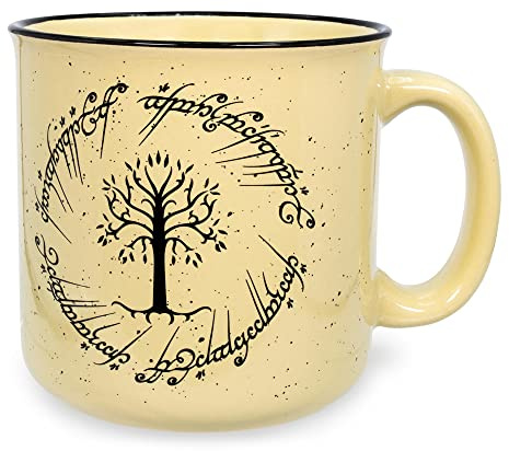 The Lord of the Rings Gondor Elven Script Ceramic Camper Mug | BPA-Free Travel Coffee Cup For Espresso, Caffeine, Cocoa | Home & Kitchen Essentials, Hobbit Gifts and Collectibles | Holds 20 Ounces