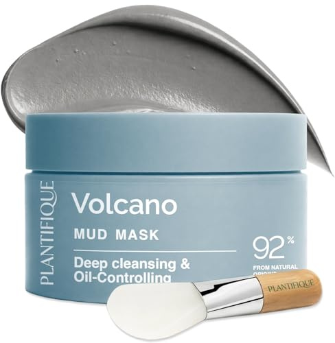 PLANTIFIQUE Mascarilla Facial Coreana Arcilla Volcánica y Mar Muerto – Mascarilla Rostro Carbón, Ácido Hialurónico, Aceite de Jojoba y Manteca de Karité – Purifica, Refina Poros, Hidrata y Calma, 110g