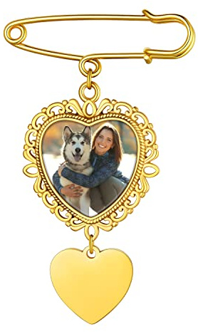 Custom4U Stainless Steel Photo Brooch Silver Gold with Picture Engraving Memorial Pendant Bridal Bouquet with Photo Pendant Silver for Wedding Boutonniere Pin Bouquet Charms