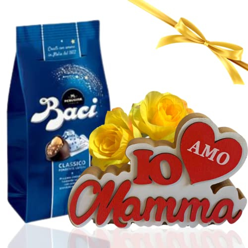 Idee Regalo Festa della Mamma 2025 - Baci Perugina 125gr + Scritta legno  Io Amo Mamma + Rose Gialle Artificiali (BACI PERUGINA)