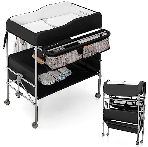 Baby Changing Table, 3 in 1 Foldable Infant Diaper Changing Station with 4 Lockable Wheels, Adjustable Heights, Storage Basket Shelves, Portable Nursery Organizer Bath Stand for Newborn (Black)