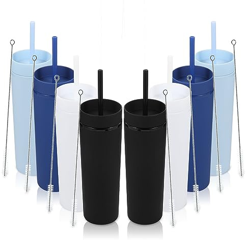 Volhoply 473 ml plast tunn tumlare med lock och sugrör storpack 8-pack, isolerad dubbelvägg BPA-fri matt akryl tumblers, iskaffemugg återanvändbar festkopp, anpassningsbar gör-det-själv-gåvor