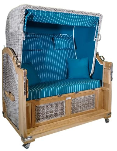 Strandkorb Teak XL White Washed, grün gestreift Stoff, 2½ Sitzer Voll-Liegemodell