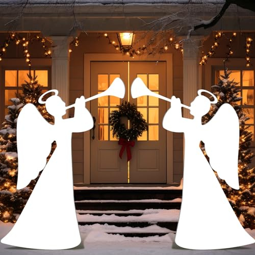 Barydat 2 Pcs 35'' Christmas Angels Outdoor Decoration Large Trumpeting Angel Nativity Scene Yard Sign Religious PVC Waterproof Decor with Stake for Yard Garden Lawn Christmas Home Patio Outdoor