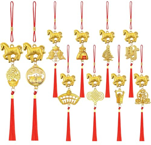Lot de 10 pièces de monnaie porte-bonheur avec signe du zodiaque chinois cheval sur cordon rouge - Meilleur cadeau de pendaison de crémaillère pour la richesse et la prospérité