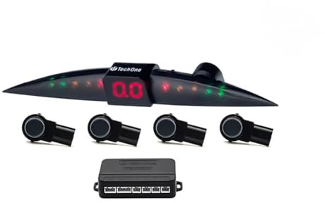 TECH ONE Sensores Aparcamiento Coche OEM (Original), Universal 4 sensores asistentes de Aparcamiento con Pantalla de Color LED, Kit de Alarma de Audio de Marcha atrás - Negro Mate