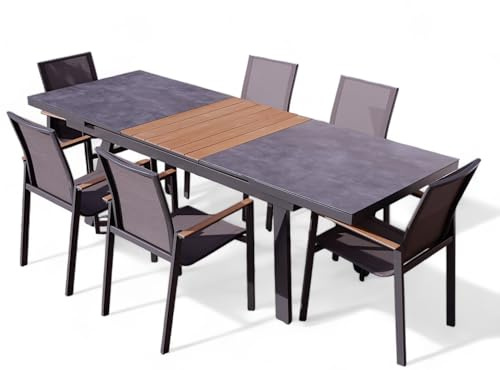 ALEOS. Gartengarnitur Gartenset Aluminium Teak Set mit quadratischem Ausziehtisch 180x90cm auf 240cm ausziehbar + 6 Stapelstühle anthrazit Trinidad