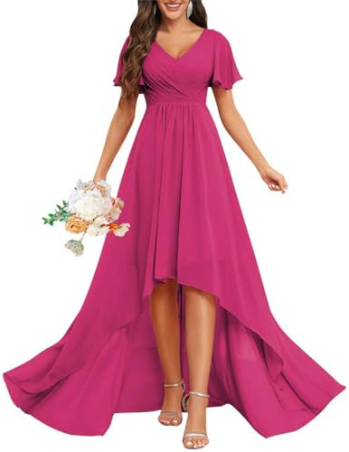 WSEYU Vestido de dama de honor de gasa con cuello en V y corte acampanado, espalda de corsé asimétrico, vestido de invitada de boda, fucsia, 48