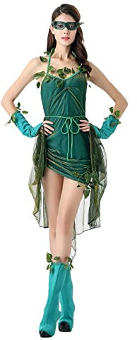 HKYFNNBW - Costumi di Halloween con foglie Halter Neck Dress Guanti Copertura del piede Abbigliamento viso e cintura per Cosplay Party Abbigliamento, Verde, XL