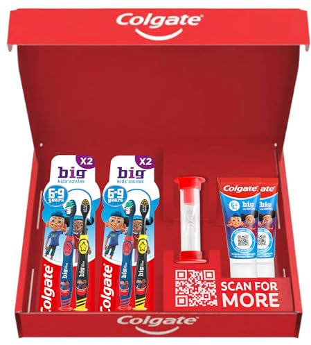Colgate Kids Toothpaste Set 6+ Years with 2X Big Smiles Toothpaste 50ml - 4X Toothbrushes 6-9 Years and A 2 Minute Timer - for 4X Stronger Enamel - Multi-Height Soft Bristles | With Toothpaste, Toothbrushes and Timer, Featuring Colour-Changing Technology and a 4x Stronger* Enamel Formula