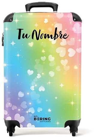 NoBoringSuitcases.com Kinderkoffer, Koffer Personalisiert, Kinderkoffer Mädchen, Hartschalenkoffer, Kindertrolley Mädchen, Koffer S, Handgepäck 55x40x20 cm (Schwebende Herzchen - Regenbogen)