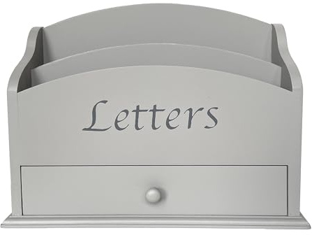 GreyZouq Wooden Letter Rack with Drawer and Two Compartments, Vintage Letter Holder, Mail Organiser, Wooden Desk Organiser, Desktop Storage for Home Office, Hallway & Study, Light Grey