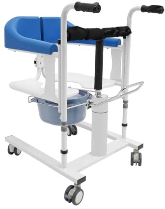 OUKANING Toilettenstuhl mit Rollen - Höhenverstellbar Duschstuhl mit Bremsen 90 kg Belastbar Hydraulischer Patientenlift Transportrollstuhl Nachtstuhl Transferhilfe für Senioren Behinderte (Blau)