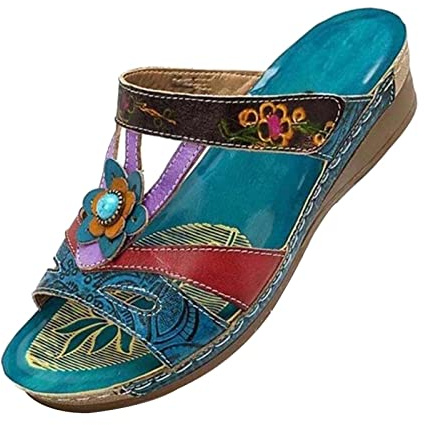 Sandals for Women, Orthopedic Sandals Women Low Wedge Sandals with Arch Support Wide Fit Sandals Vintage Boho Sandals Summer Sliders Ladies Sandals for Plantar Fasciitis Walking T-Strap Summer Shoes