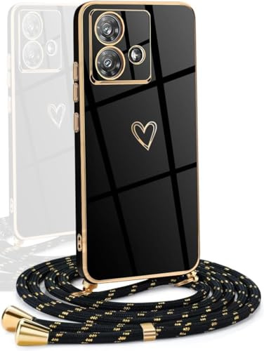 YAMCCCSE Funda para Motorola Moto E13 con Cuerda,Suave Silicona diseño de corazón con Chapado en Oro de Lujo,Case con Ajustable Colgante Cordon Colgar Collar Correa de Cuello Cadena Cordón