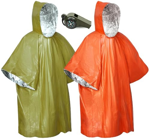Zliger Lot de 2 couvertures de survie dorées et argentées avec revêtement isolé pour rétention de la chaleur, protection contre la pluie, équipée d'un sifflet de sauvetage