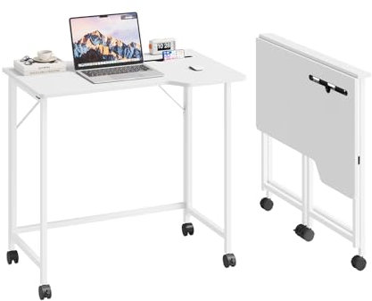 Dripex Faltbar Tisch, 80 x 52 cm Klappbar Schreibtisch Platzsparender Computertisch mit Tablet Steckplatz und Rollen Ergonomisches L Design PC Klapptisch für Homeoffice Arbeitszimmer(Weiß)