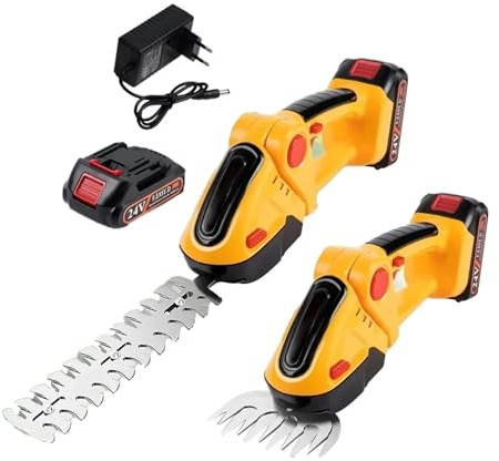 Taille-haie électrique 2 en 1 avec batterie de 2 000 mAh et chargeur, outils de jardin, sécateurs, ciseaux à gazon (jaune avec 1 batterie)