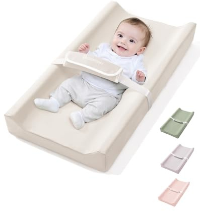 COMOMY Cambiador de cuero vegano para bebé con cubierta de poliuretano impermeable y suave, almohadilla cambiadora de cuña antideslizante con correas de seguridad, cambiador de pañales portátil, para