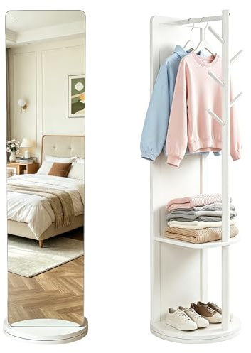 GFEMTH 360° Drehbarer GanzköRperspiegel, Standspiegel GanzköRperspiegel aus Massivholz mit Garderobe, Stehspiegel für Schlafzimmer und Wohnzimmer, Platzsparendes Design (Weiß, A)