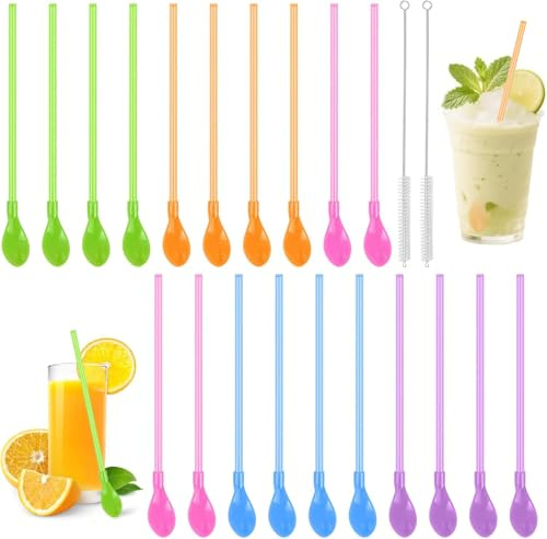 FLEXNOVA 20 Stück Strohhalm Löffel Plastik Bunt, Slush Strohhalme Latte Macchiato Löffel mit Strohhalm, 2 in 1 Löffelstrohhalme Wiederverwendbare löffel-trinkhalme für Smoothies,Cocktails,Milchshakes