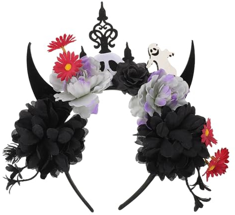FRCOLOR Halloween Huvudband - Djävulshorn Hårband med Svart Blomma Kostymaccessoar för Kvinnor Halloween Fest Maskerad Karneval