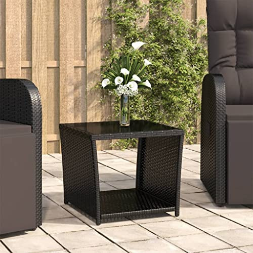 HaoChrymec Beistelltisch mit Hartglas-Tischplatte, Poly Rattan & Pulverbeschichteter Stahl, Witterungsbeständig, Loungetisch Outdoor, Schwarz, 45x45x40 cm