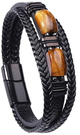 Tigers Eye mens leather bracelet Retro Punk Multi-layer Weave for Dad Son | Natural Tiger Eye Stone, Stainless Steel & Soft PU Leather, Electroplating Process, Rust-Resistant, For Birthdays, Christmas
