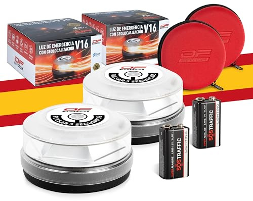 OF MOTOR Pack 2 Balizas V16 Homologadas DGT 3.0 con Geolocalización – Luz de Emergencia Coche Ultrapotente 4× Visible Día/Noche – Máxima Cobertura Nacional Multioperador – Datos Incluidos hasta 2038