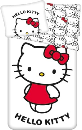 Jerry Fabrics Hello Kitty, Kinderbettwäsche mit Schleife, 140 x 200 cm + 70 x 90 cm, 100% Baumwolle, Wende-Bettwäsche