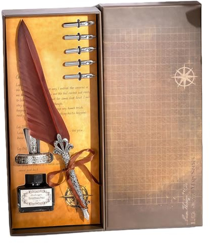 VlHpnpe Antiker Dip-Stift mit Tinten und 5 Federn, Retro-Füllfederhalter aus Metall, graviert, für Anfänger, Handschrift, antikes Kalligraphie-Schreibset