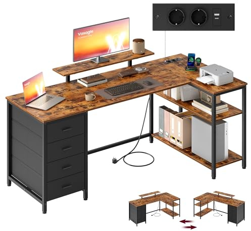 VASAGLE Escritorio Esquinero en L con Enchufes, Escritorio Gaming, Diseño Reversible, Estantes Ajustables, 4 Cajones, 2 Puertos USB, Estudio, Oficina, 160 x 80 cm, Marrón Rústico LWD173KD01