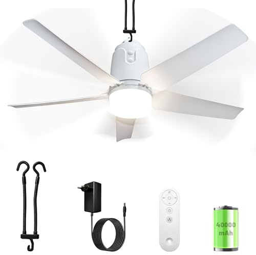 80CM Akku Deckenventilator mit Beleuchtung für Outdoor, 40000mAh Akku Groß Mobiler Ventilator mit Licht, 3000K-6000K Dimmbar, Fernbedienung & Haken, für Camping, Pavillon, Terrasse, Zelt, Wohnmobil