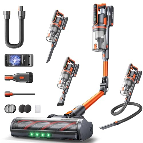 Fieety Aspiradora sin Cable 50KPa/600W/65Min(ECO), Aspiradora Escoba Potente con Brazo Flexible, Manguera 1M, Cepillo Anti-Enredo con Luz, Modo Auto, Aromática, Carga Pared, para Suelos/Alfombras/Pelo