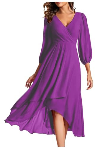Summer Dress Women's Chiffon Spring Dress V-Neck Long Sleeve Pleated A-line Midi Length Wedding Guest