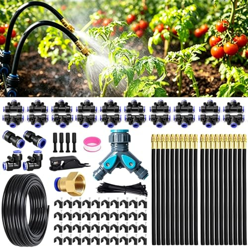 Bewässerungssystem Garten, 20 m Schnellanschluss-Tröpfchenbewässerung-Set | ausgestattet mit 20 drehbaren 360°-Messingdüsen, automatische Bewässerungssystem Garten, für Gewächshaus, Rasen, Hochbeet