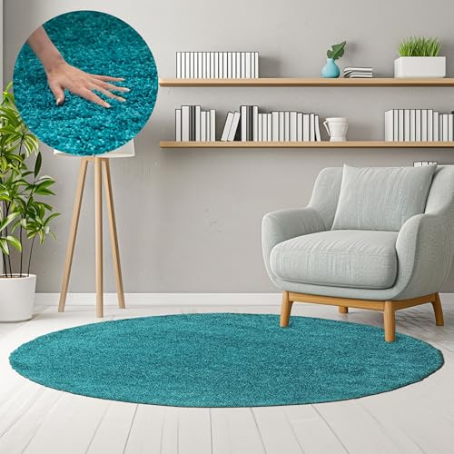 HomebyHome Shaggy Hochflor Teppich, 200 cm Rund, Türkis, weich, flauschig, modern, einfarbig, Perfekt als zentrales Wohnaccessoire, für Wohnzimmer Schlafzimmer Flur
